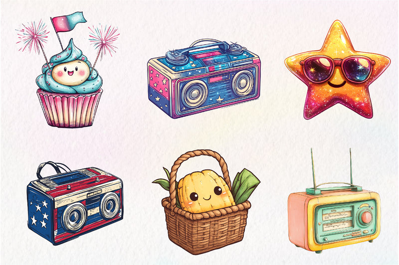 Kawaii Retro 4th Of July Clipart Bundle - CraftNest - Digital Crafting and Art