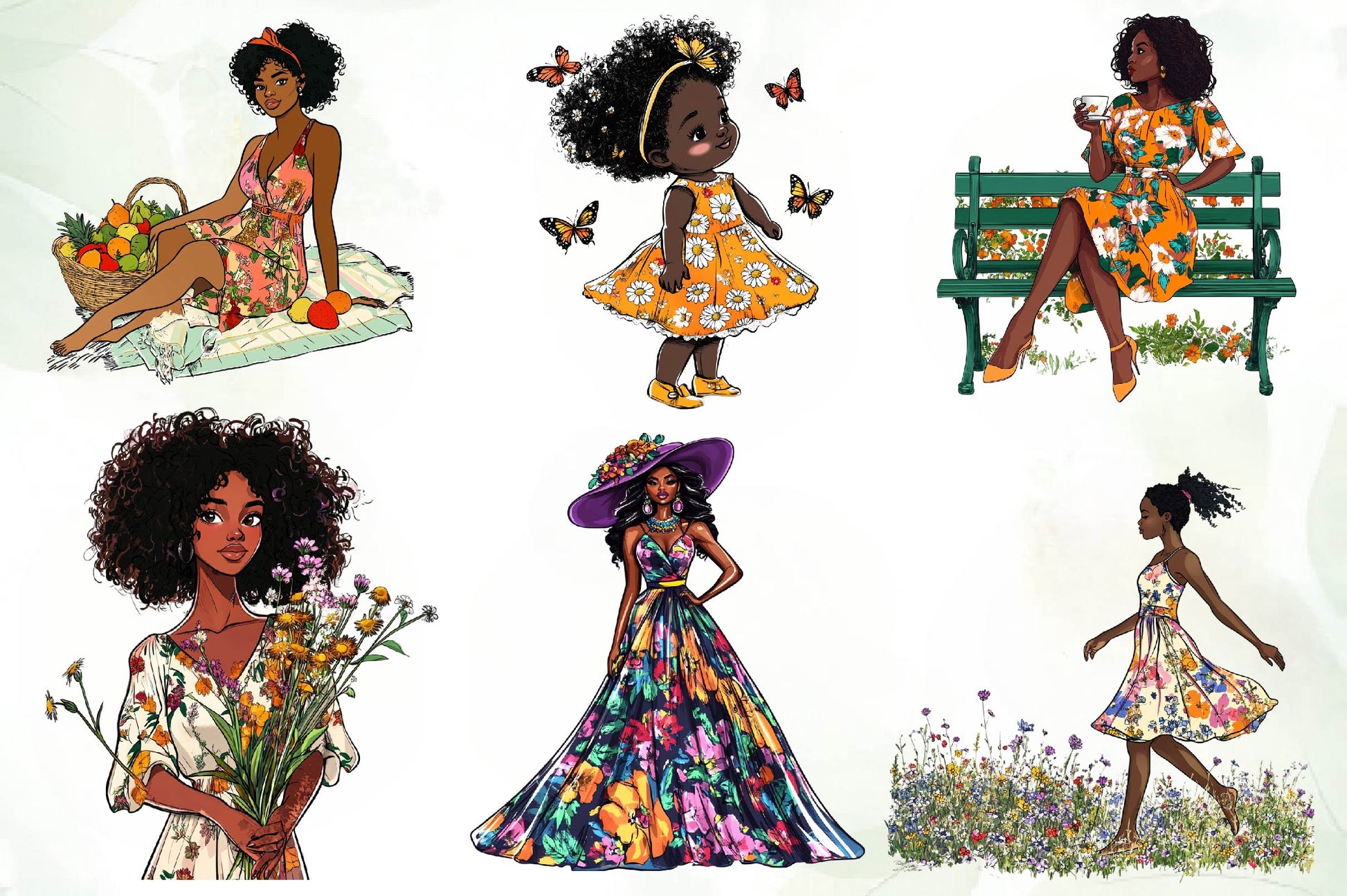 Floral Dress Black Girls Clipart Bundle - CraftNest - Digital Crafting and Art