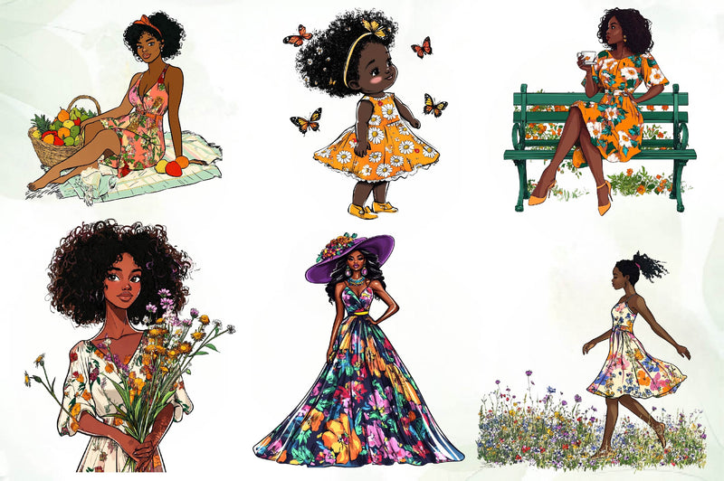 Floral Dress Black Girls Clipart Bundle - CraftNest - Digital Crafting and Art