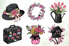Black & Pink Spring Clipart Bundle - CraftNest - Digital Crafting and Art