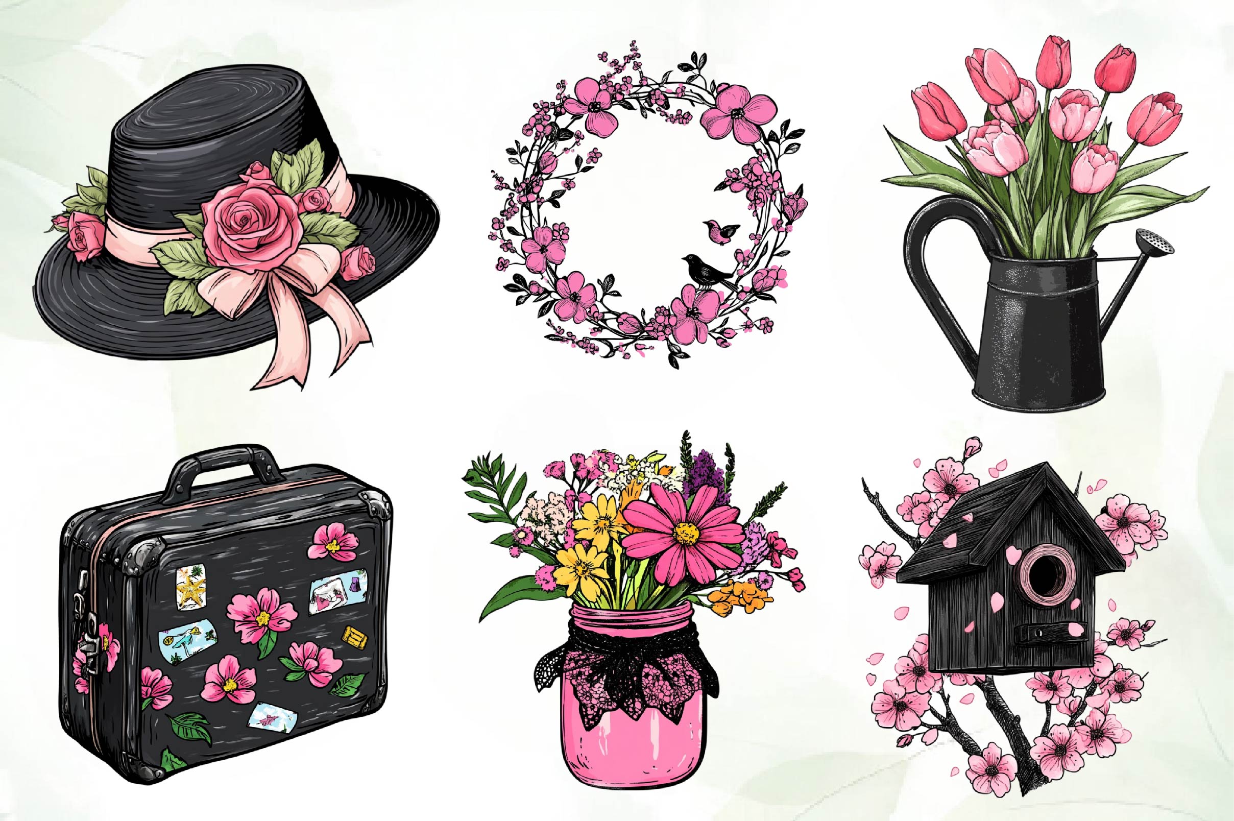 Black & Pink Spring Clipart Bundle - CraftNest - Digital Crafting and Art