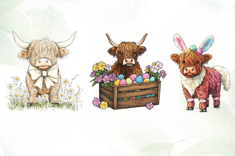 Cute Easter Day Highland Cow Clipart Bundle - CraftNest - Digital Crafting and Art