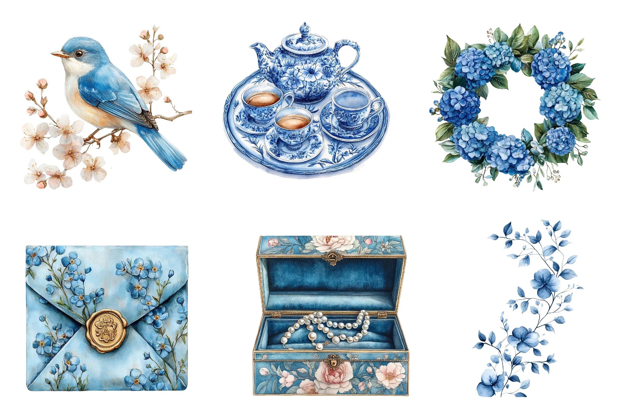 Blue Chinoiserie Summer Clipart Bundle 2 - CraftNest - Digital Crafting and Art