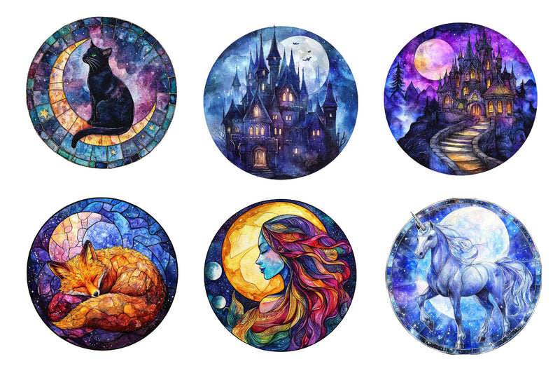 Round Moonlit Nights Stained Glass Clipart Bundle - CraftNest - Digital Crafting and Art