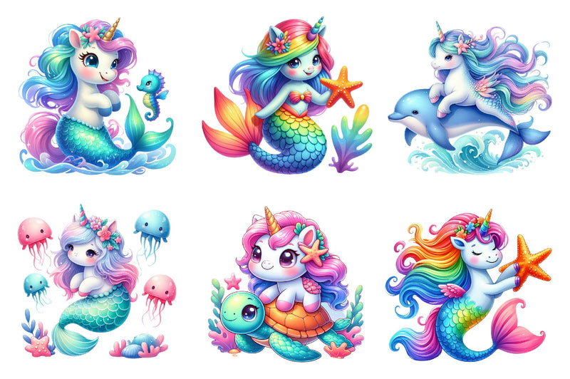 Cute Unicorn With Mermaid Clipart Bundle - CraftNest - Digital Crafting and Art