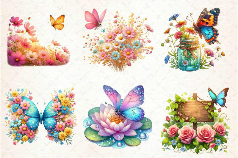 Cute Summer Butterfly & Flowers Clipart Bundle - CraftNest - Digital Crafting and Art