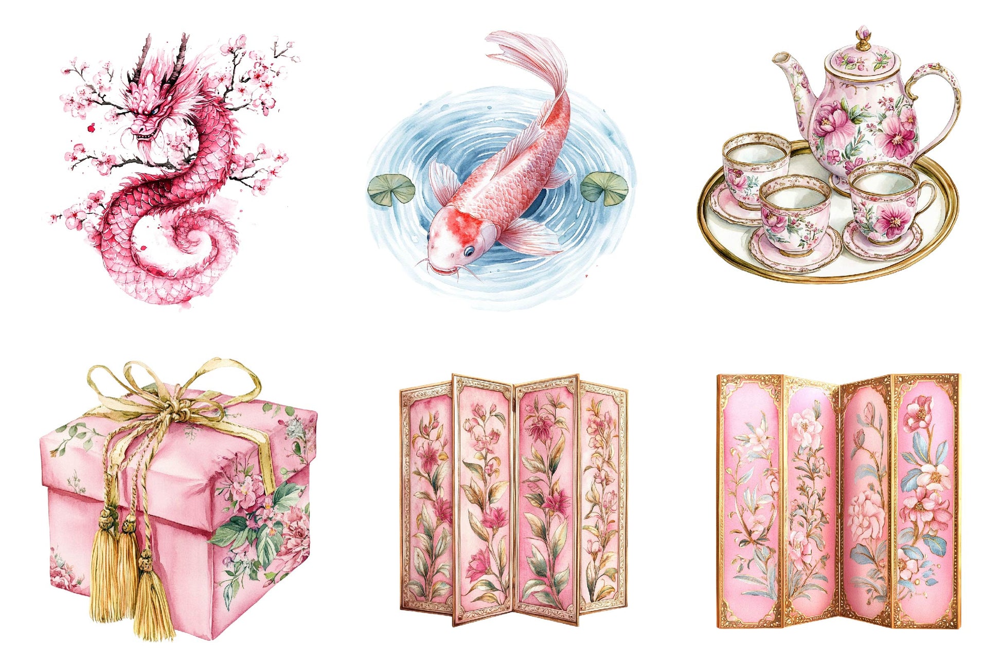 Pink Chinoiserie Summer Clipart Bundle 1 - CraftNest - Digital Crafting and Art