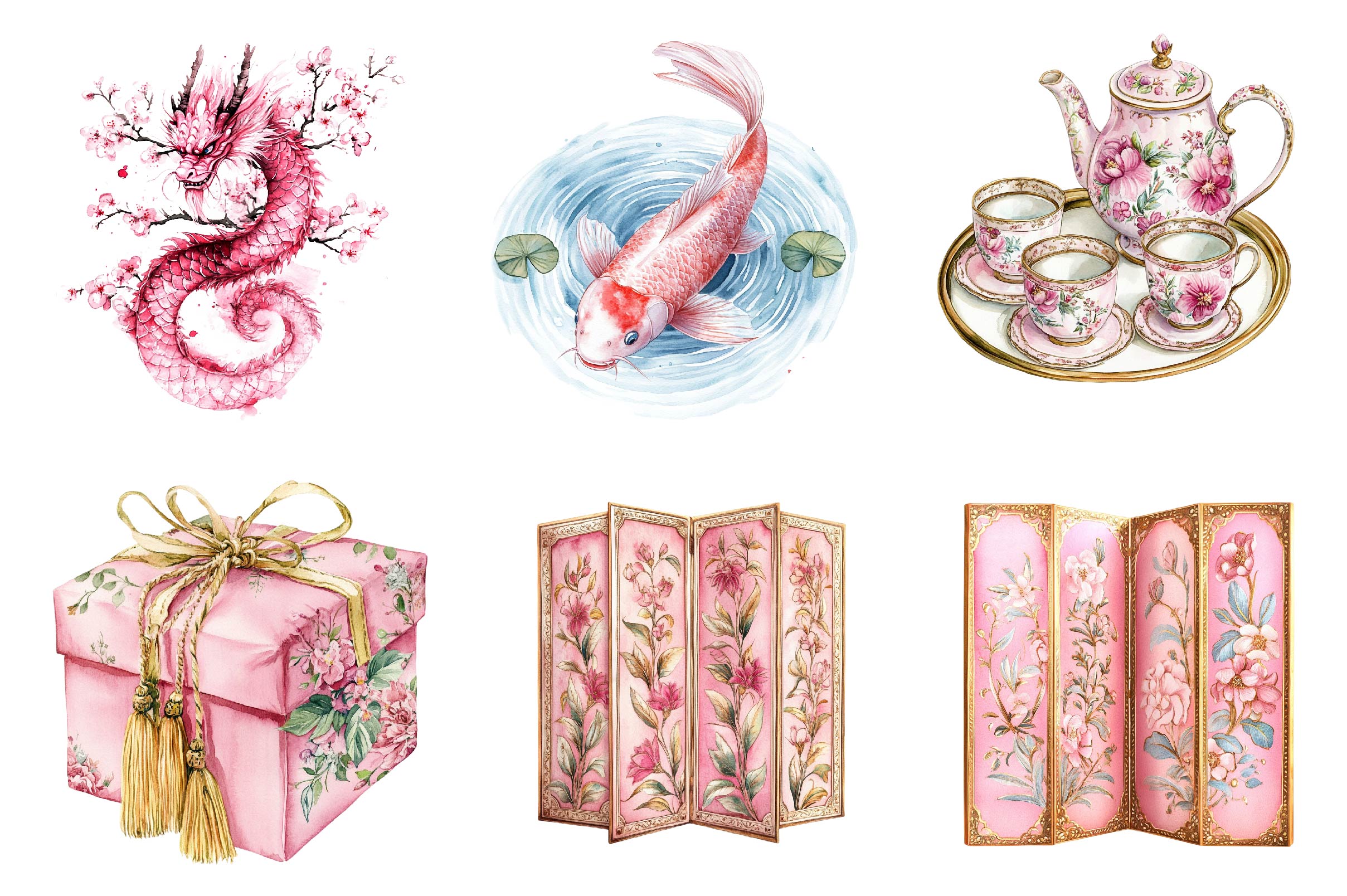 Pink Chinoiserie Summer Clipart Bundle 1 - CraftNest - Digital Crafting and Art