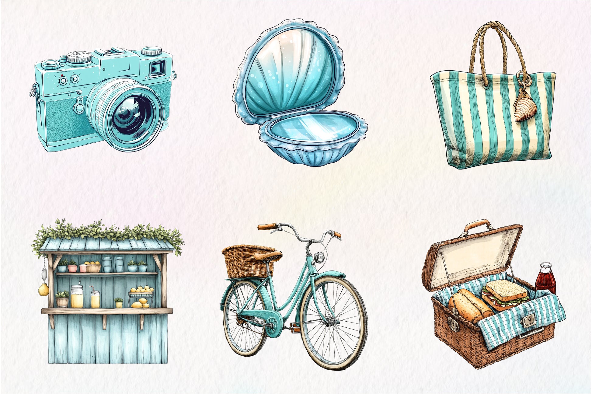 Aqua Color 1950s Style Beach Day Clipart Bundle - CraftNest - Digital Crafting and Art