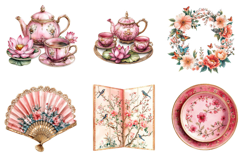Pink Chinoiserie Summer Clipart Bundle - CraftNest - Digital Crafting and Art