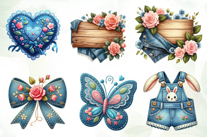 Vintage Denim Spring Clipart Bundle 1 - CraftNest - Digital Crafting and Art