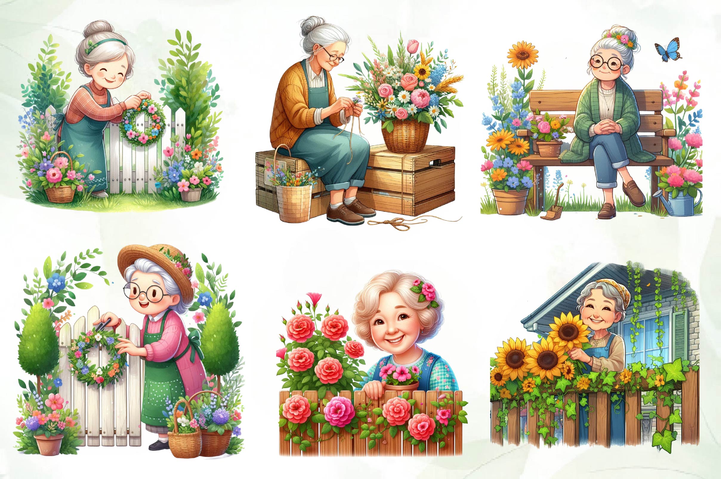 Gardening Grandma With Flowers Clipart Bundle - CraftNest - Digital Crafting and Art