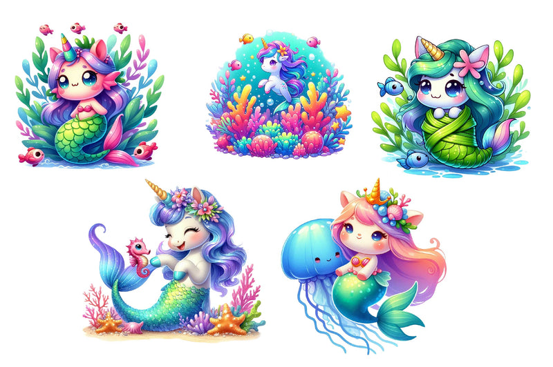 Cute Unicorn With Mermaid Clipart Bundle - CraftNest - Digital Crafting and Art