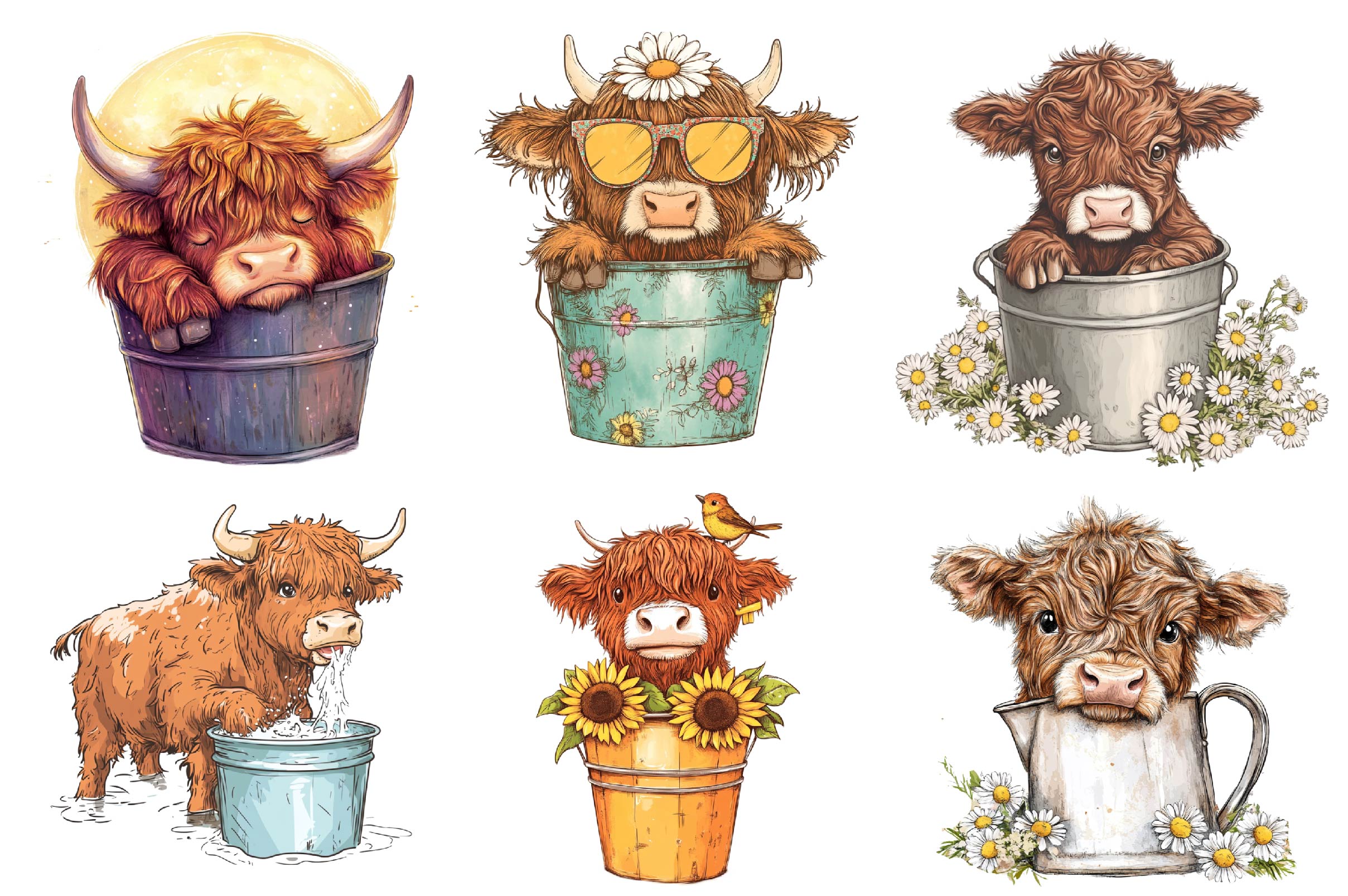 Cute Highland Cow In A Bucket Clipart Bundle - CraftNest - Digital Crafting and Art