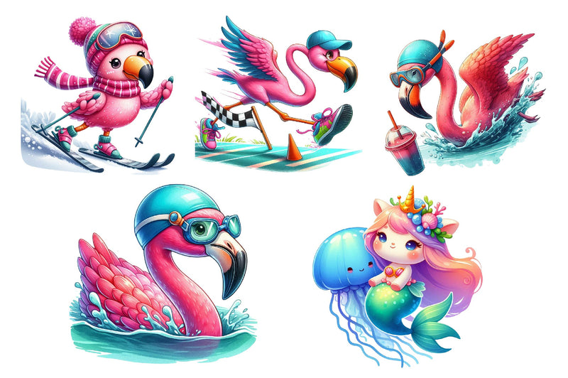 Cute Cartoon Sporty Flamingos Clipart Bundle - CraftNest - Digital Crafting and Art