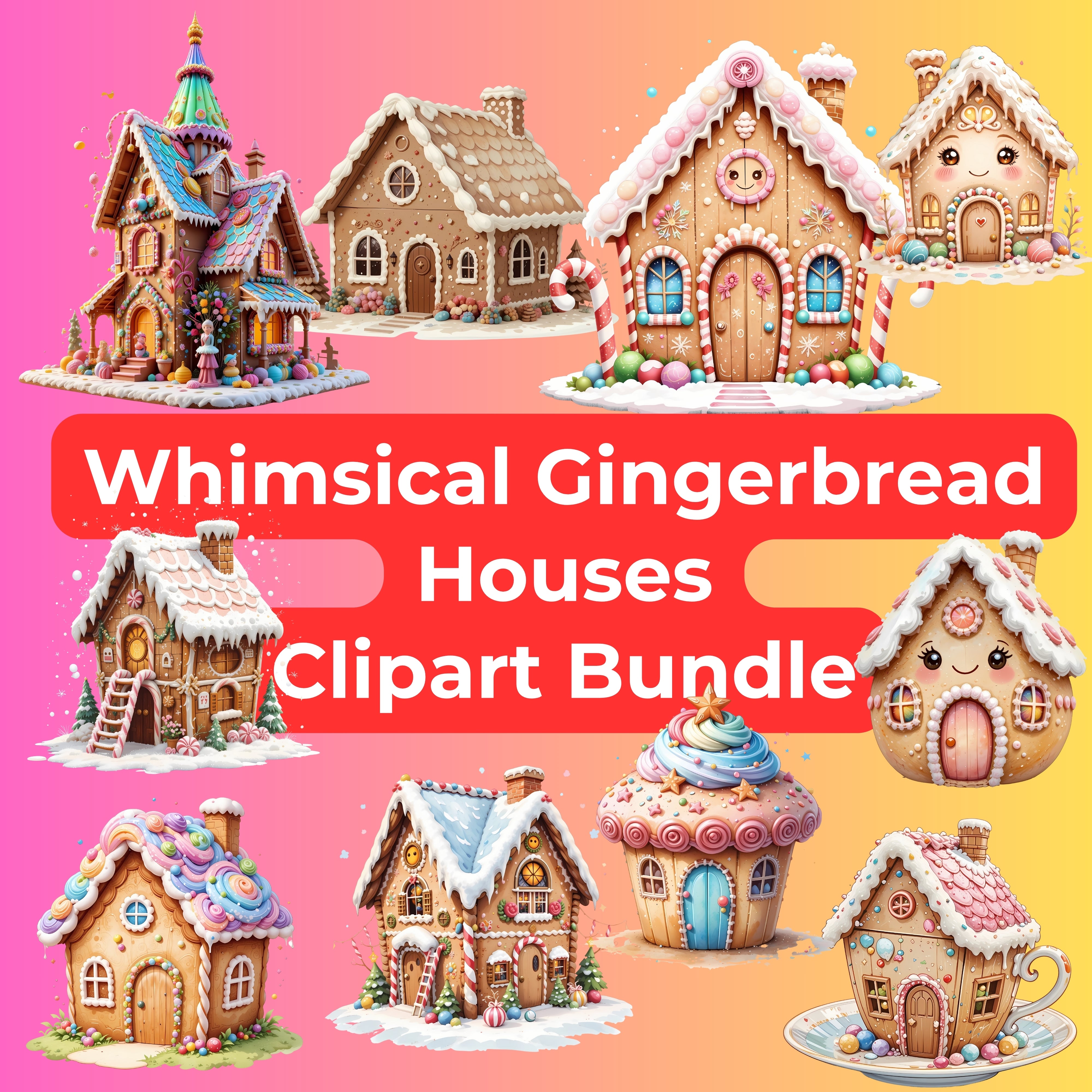 Whimsical Gingerbread Houses Clipart Bundle