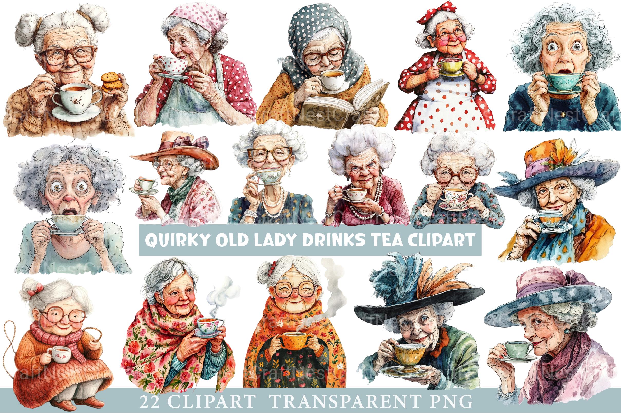 Quirky Old Lady Drinks Tea Clipart - CraftNest - Digital Crafting and Art