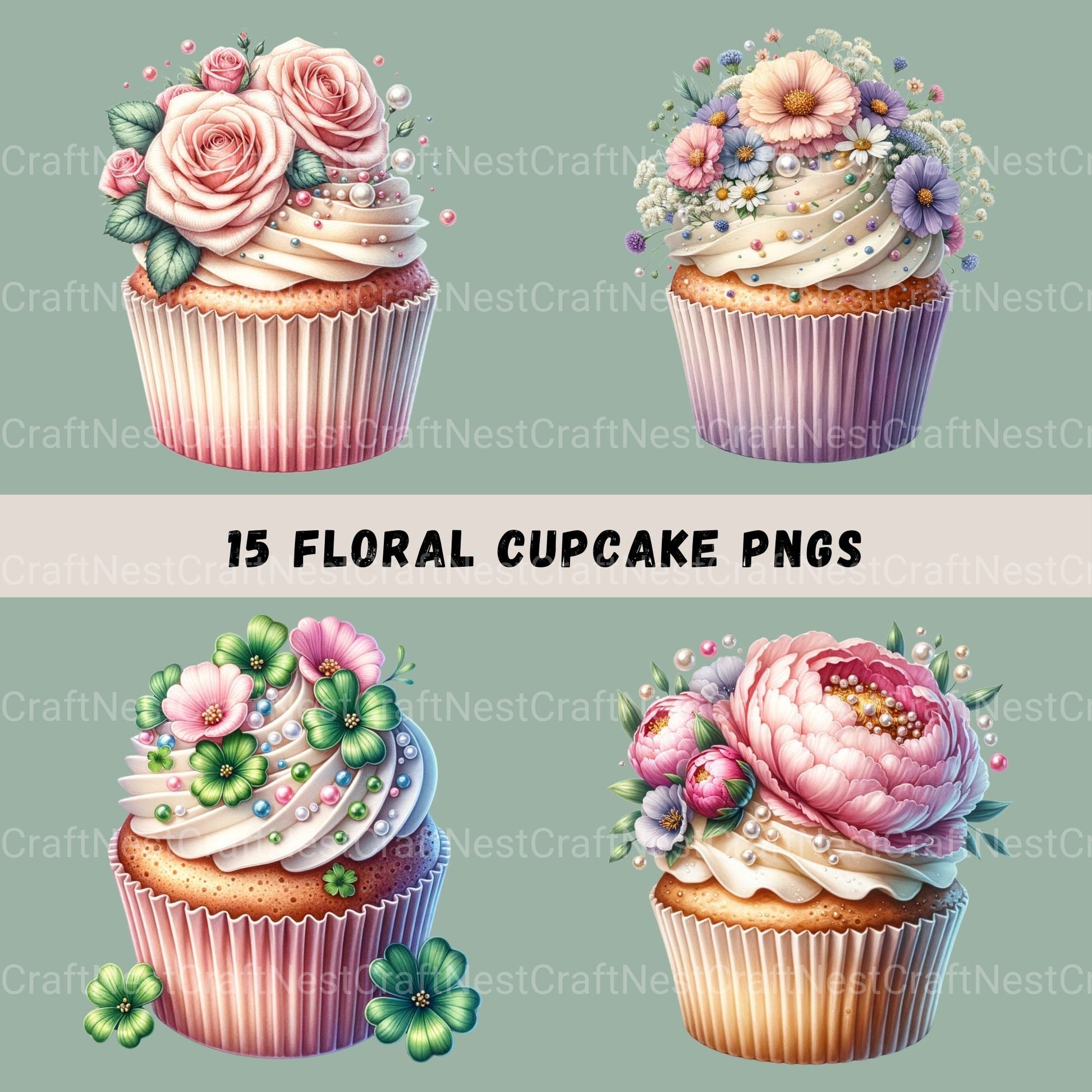 Cupcakes Floral Clipart Bundle - CraftNest - Digital Crafting and Art