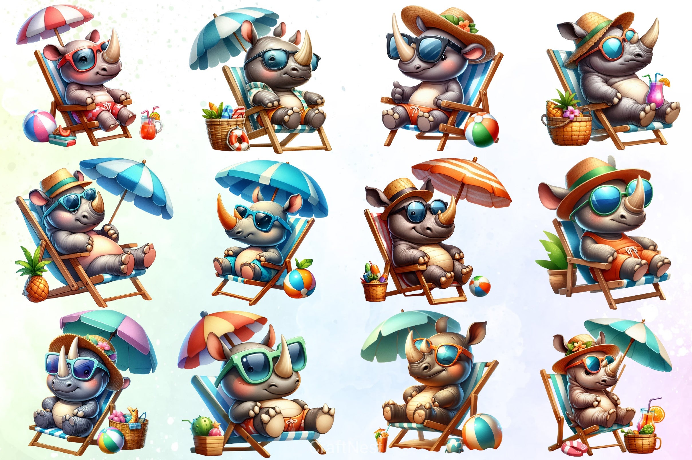 Cute Rhinoceros Beach Clipart Bundle - CraftNest - Digital Crafting and Art