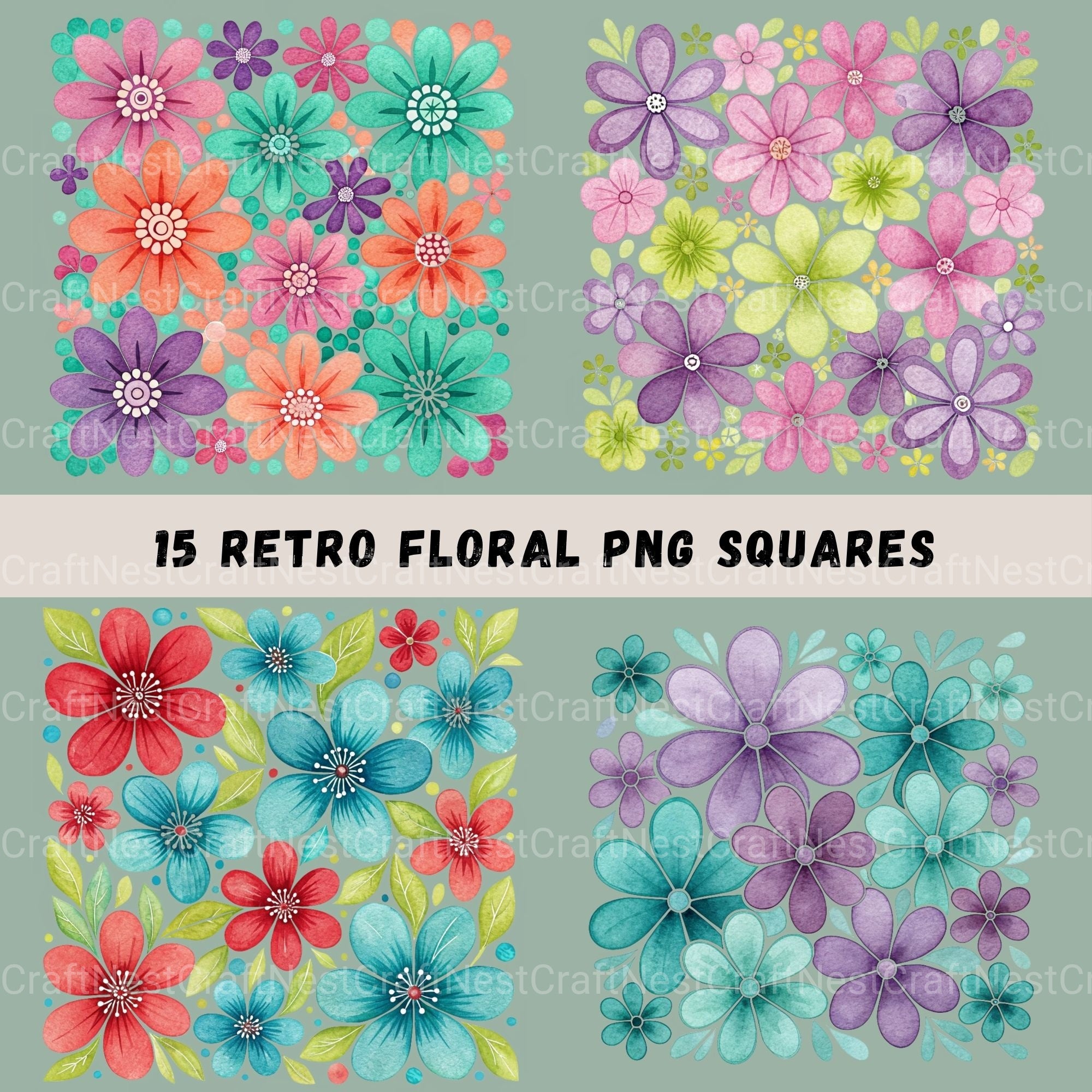 Flowers Square Retro Clipart Bundle - CraftNest - Digital Crafting and Art