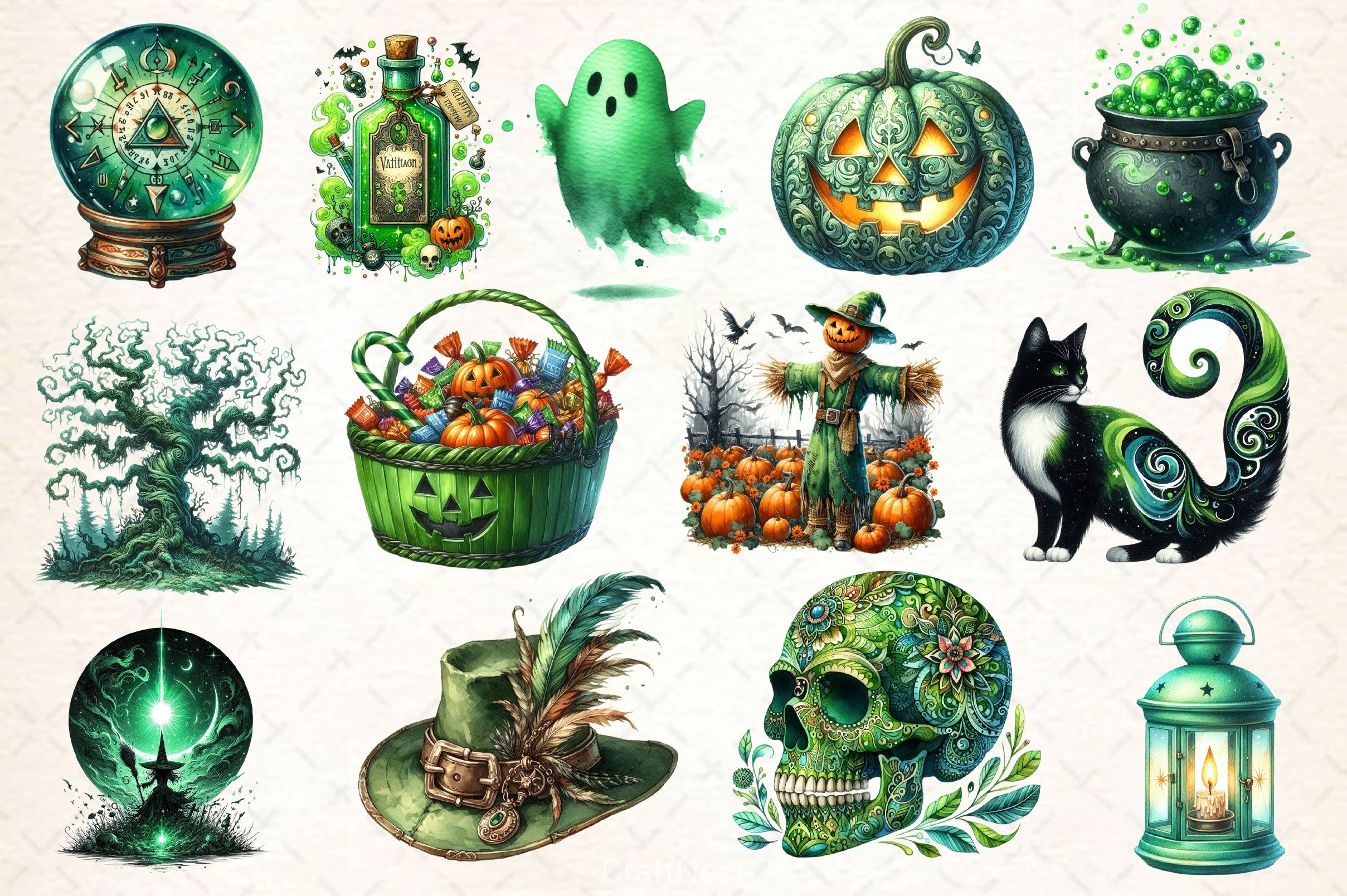 Antique Green Halloween Set Clipart Bundle 2 - CraftNest - Digital Crafting and Art