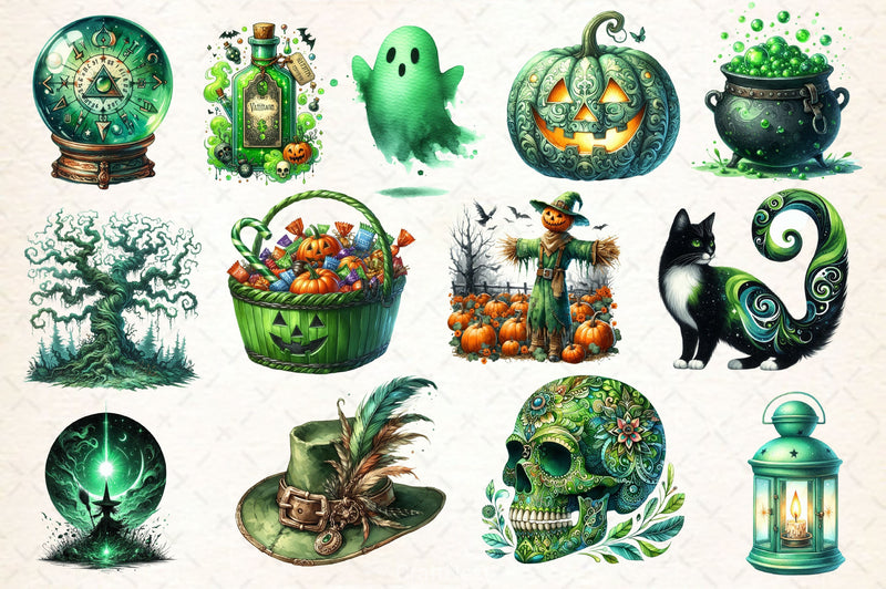 Antique Green Halloween Set Clipart Bundle 2 - CraftNest - Digital Crafting and Art