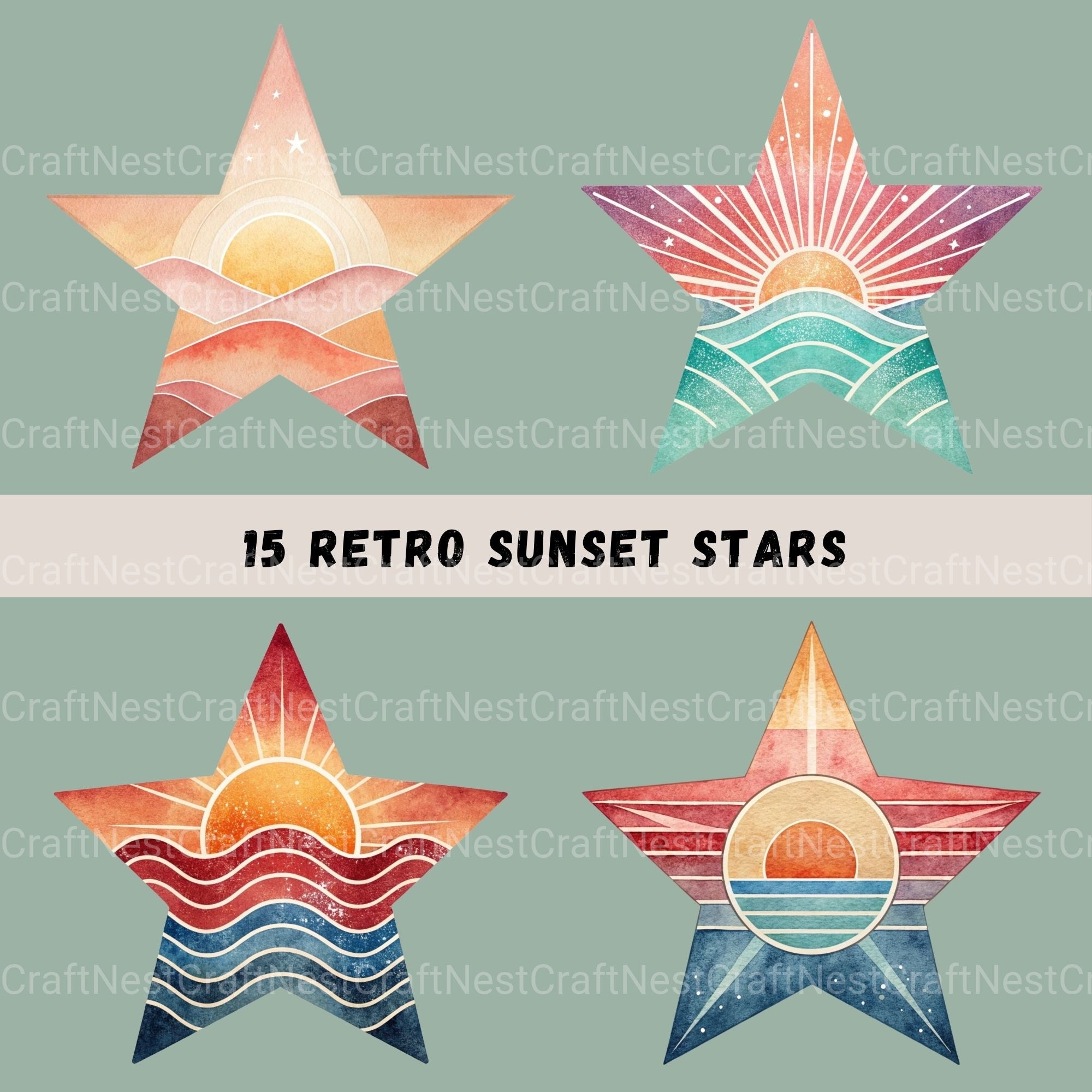 Retro Sunsets Star Clipart Bundle - CraftNest - Digital Crafting and Art