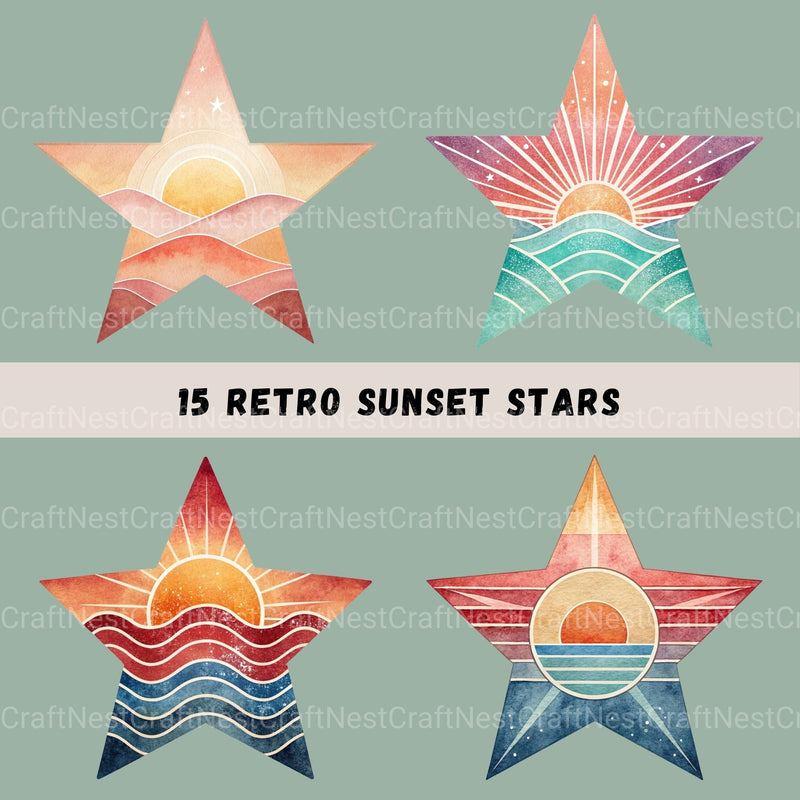 Retro Sunsets Star Clipart Bundle - CraftNest - Digital Crafting and Art