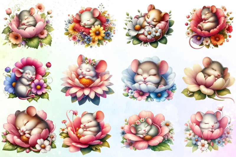 Mouse Sleeping in Flower Clipart Bundle - CraftNest - Digital Crafting and Art