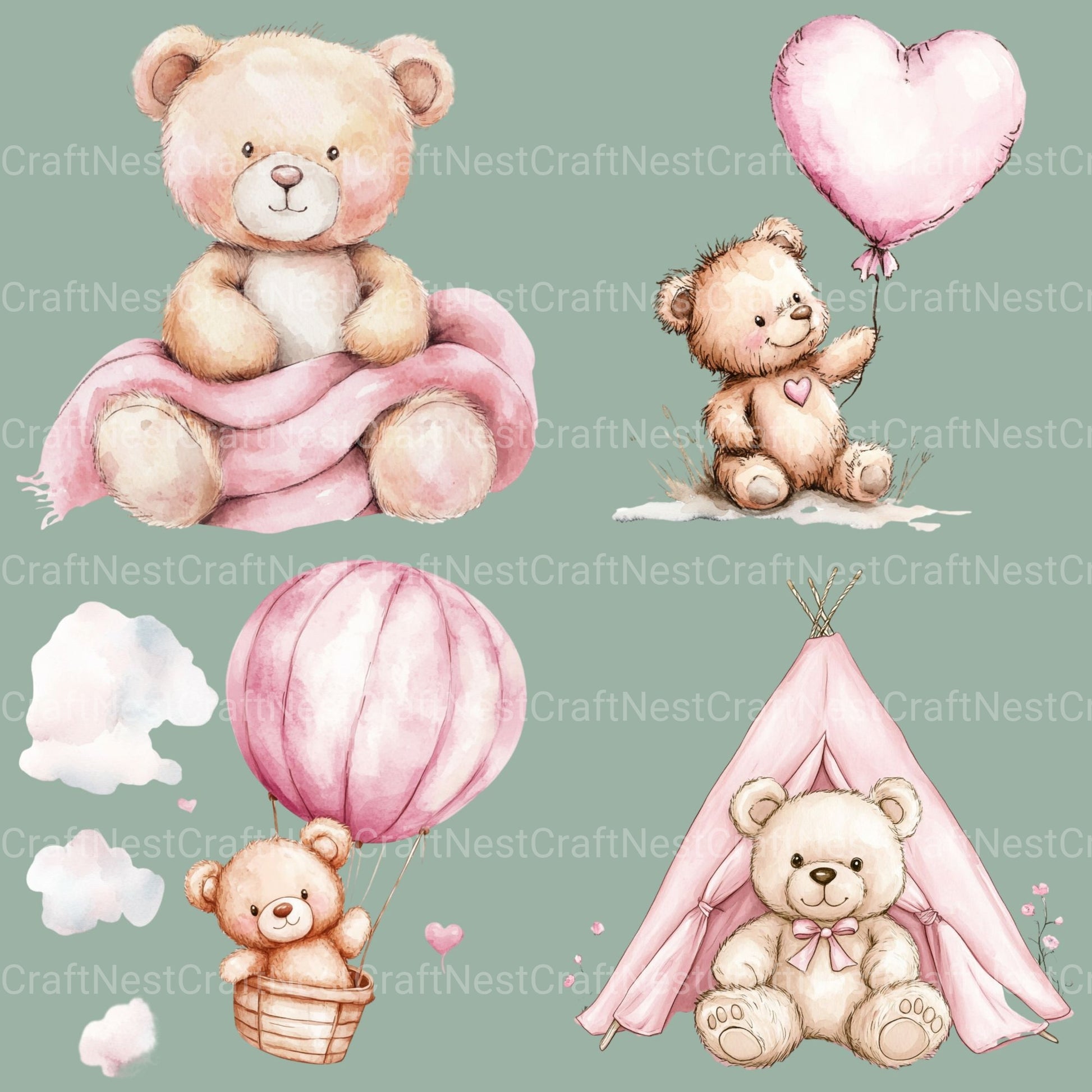 Pink Teddy Bear Clipart Bundle - CraftNest - Digital Crafting and Art