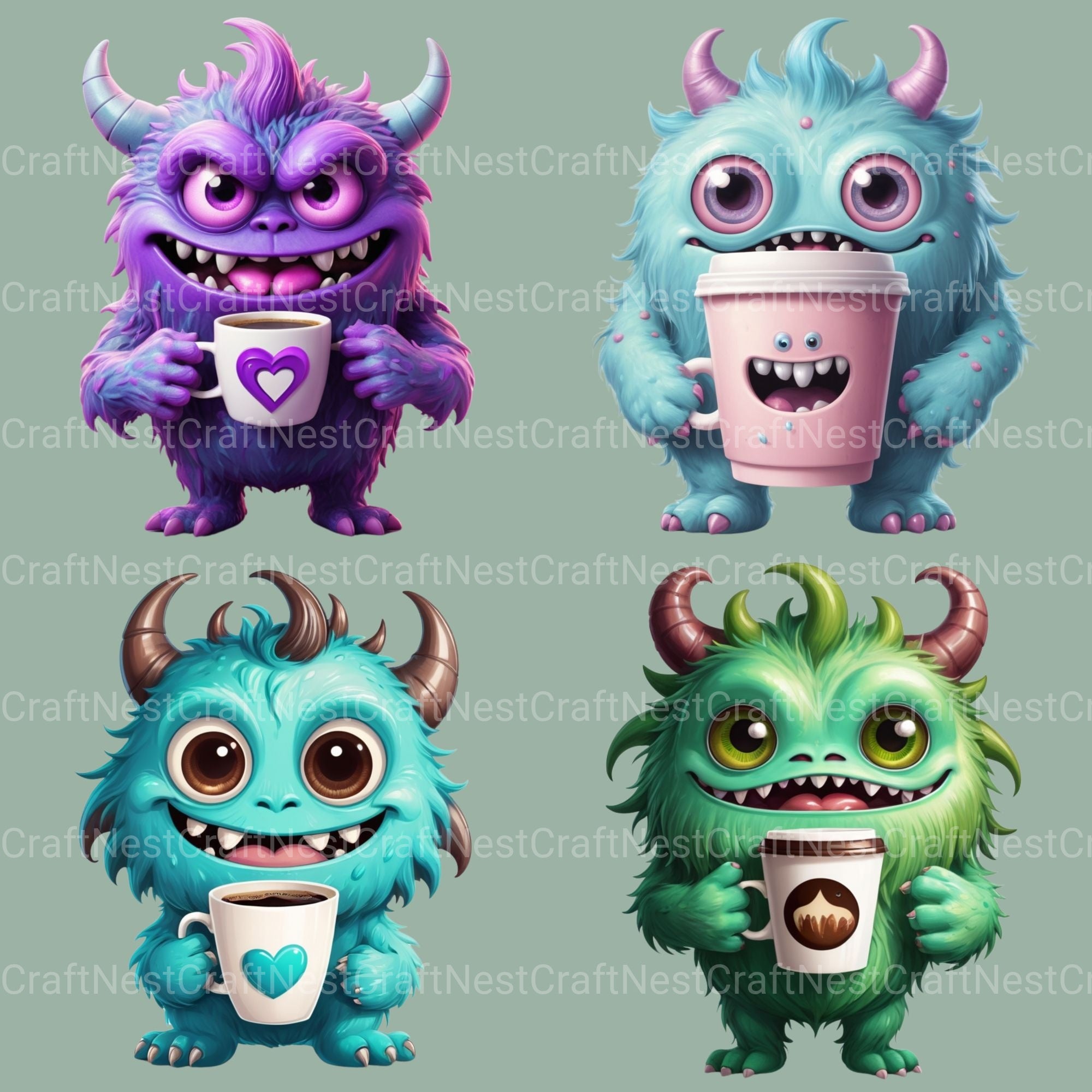 Cute Monsters Drinking Coffee Clipart Bundle - CraftNest - Digital Crafting and Art
