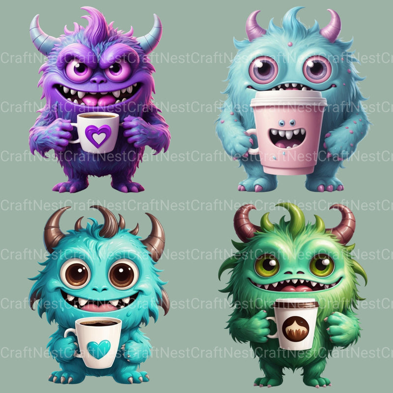 Cute Monsters Drinking Coffee Clipart Bundle - CraftNest - Digital Crafting and Art