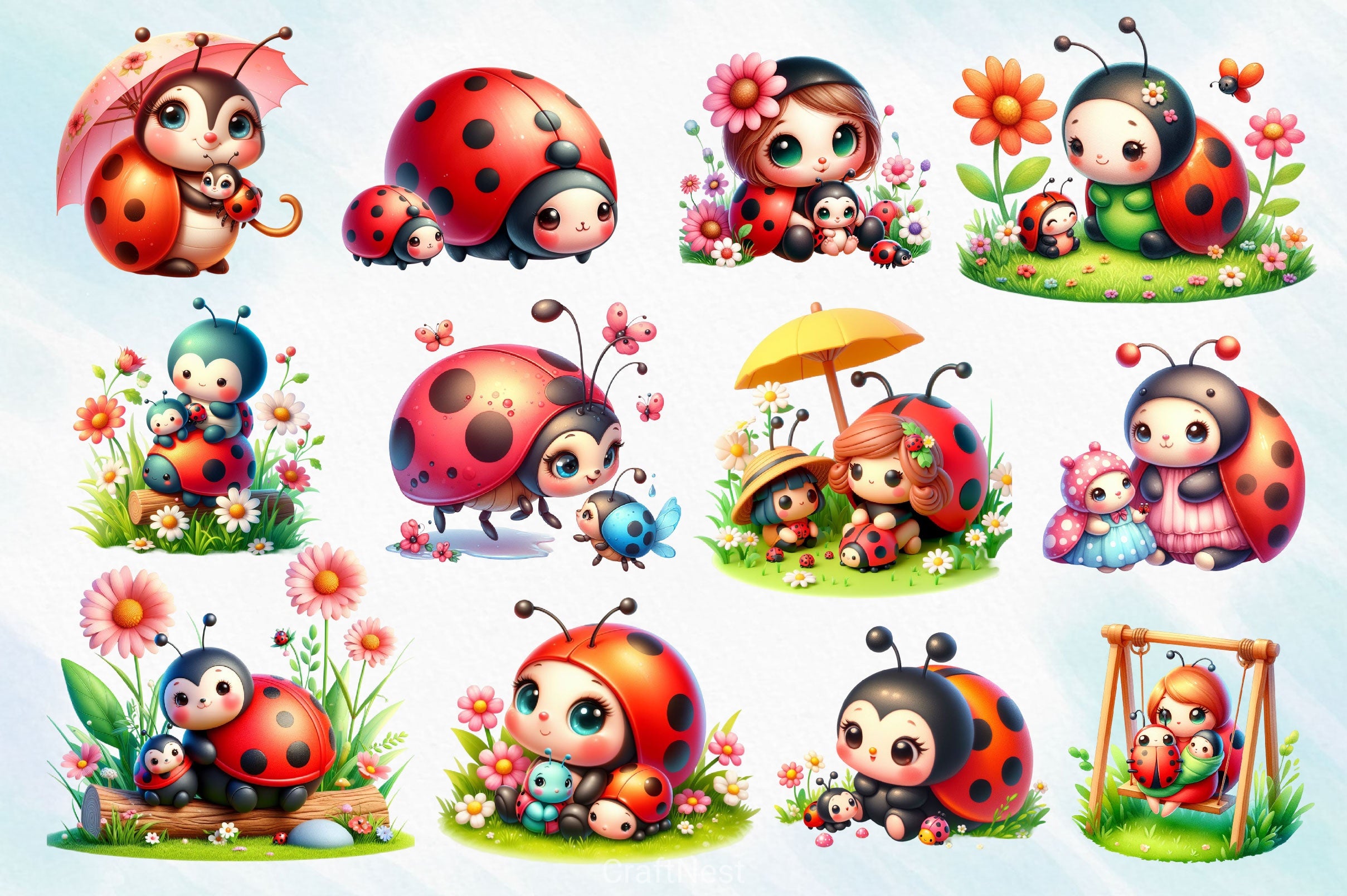 Cute Mom And Baby Ladybug Clipart Bundle - CraftNest - Digital Crafting and Art