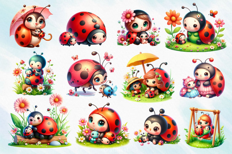 Cute Mom And Baby Ladybug Clipart Bundle - CraftNest - Digital Crafting and Art