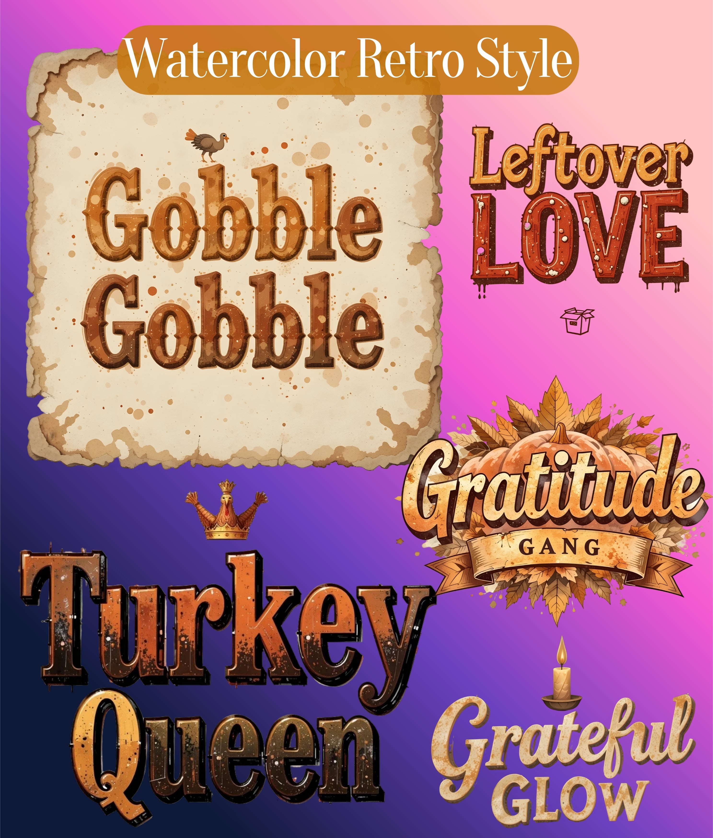 Thanksgiving Retro Distressed Text Clipart Bundle
