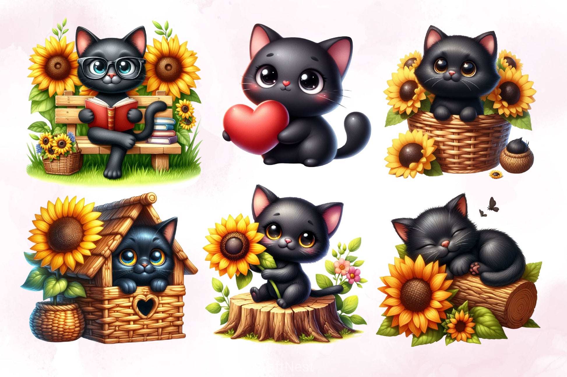 Cute Black Cat With Sunflower Clipart Bundle - CraftNest - Digital Crafting and Art