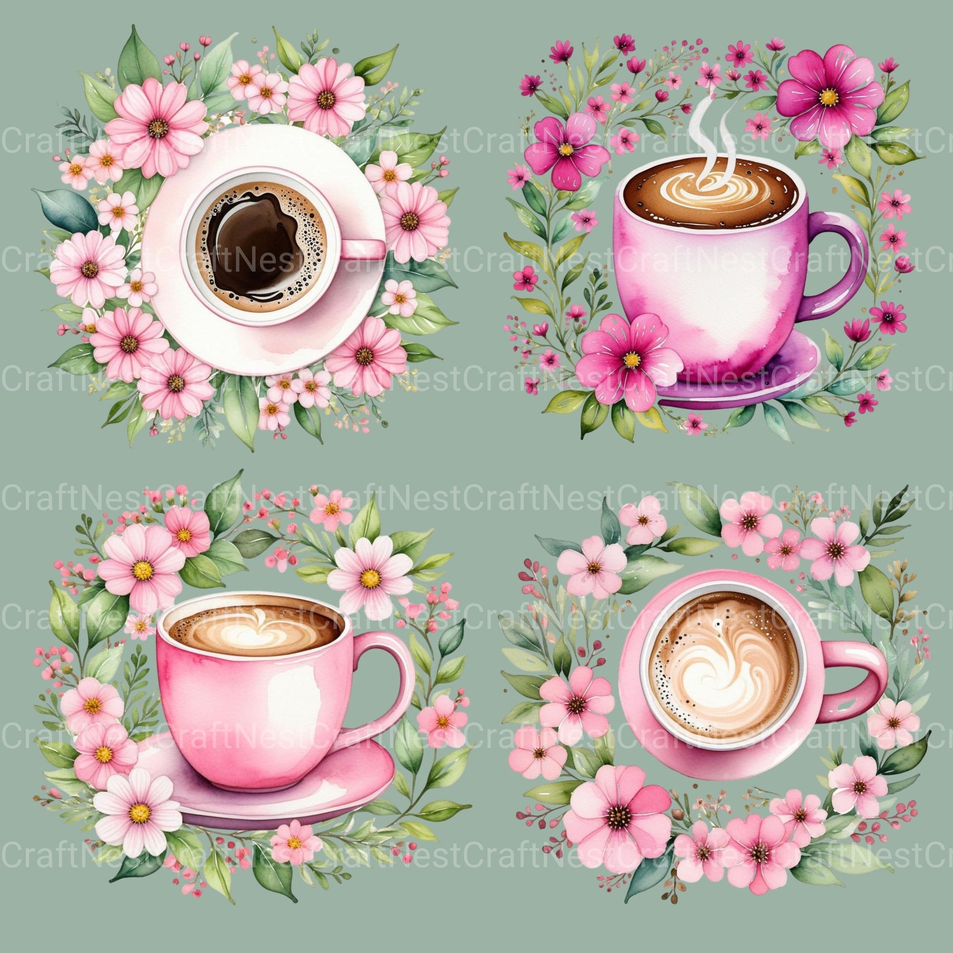 Coffee Floral Pink Clipart Bundle - CraftNest - Digital Crafting and Art