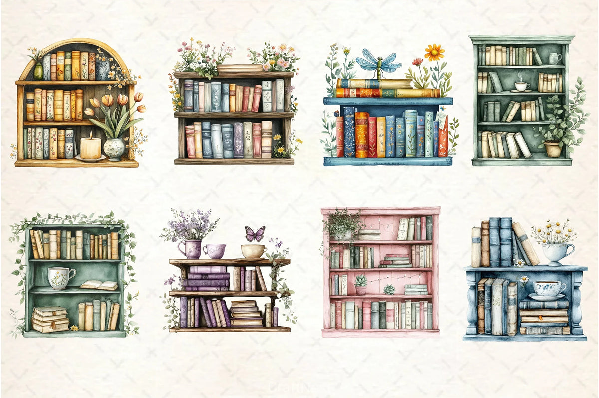 Spring Color Bookshelf Spring Bookshelf Clipart Bundle