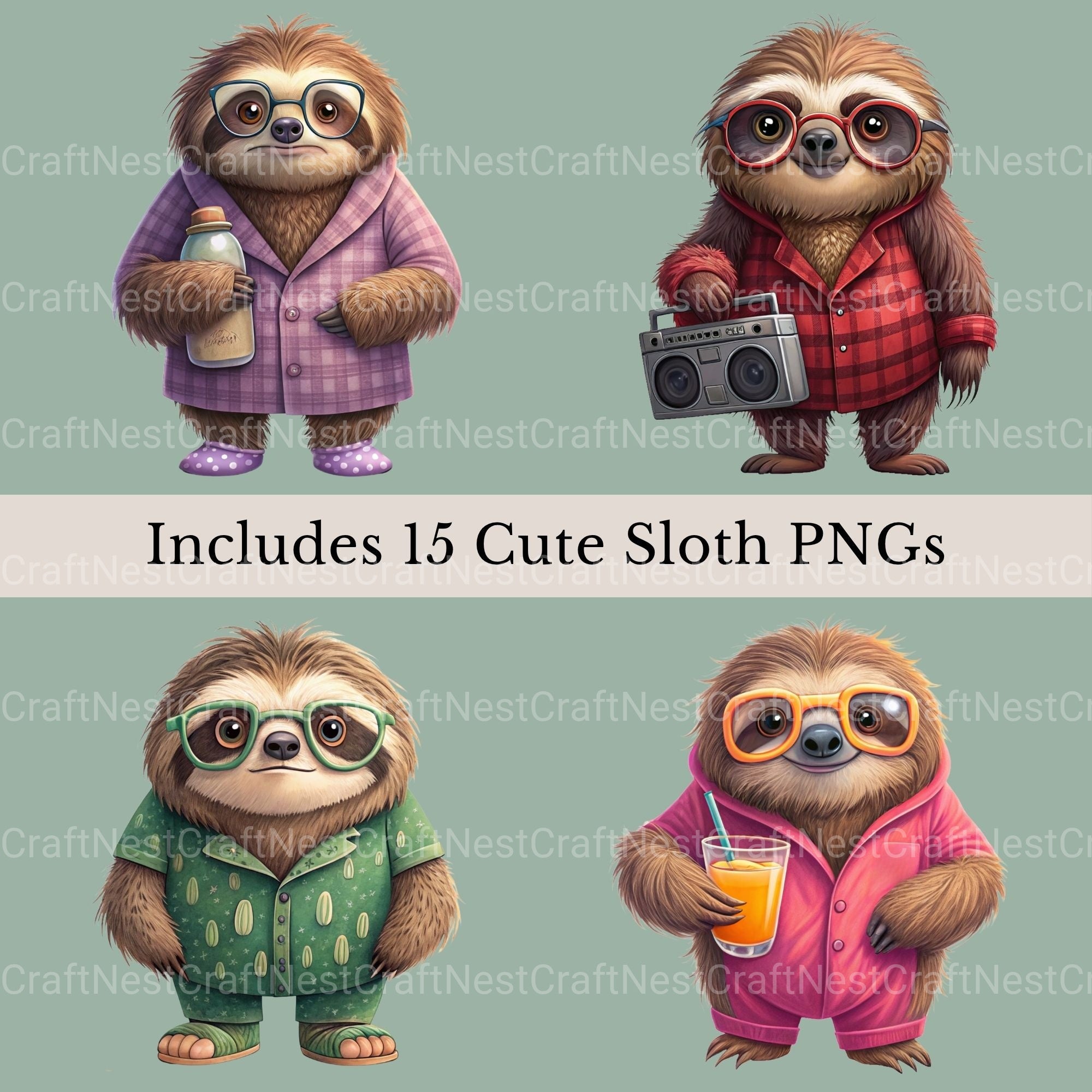 Sloths In Pjs Clipart Bundle - CraftNest - Digital Crafting and Art