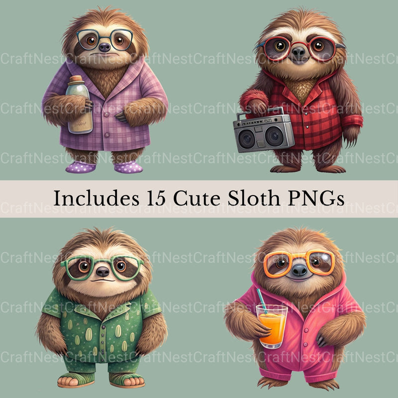 Sloths In Pjs Clipart Bundle - CraftNest - Digital Crafting and Art