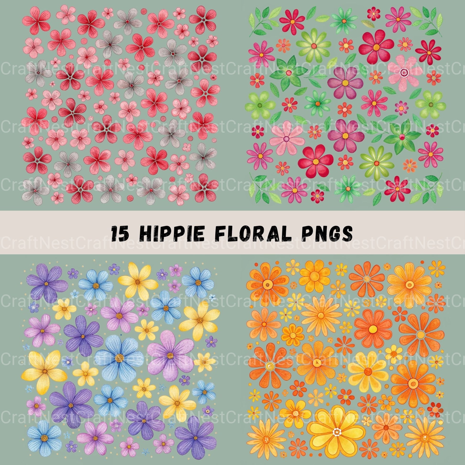 Hippie Flowers Clipart Bundle - CraftNest - Digital Crafting and Art