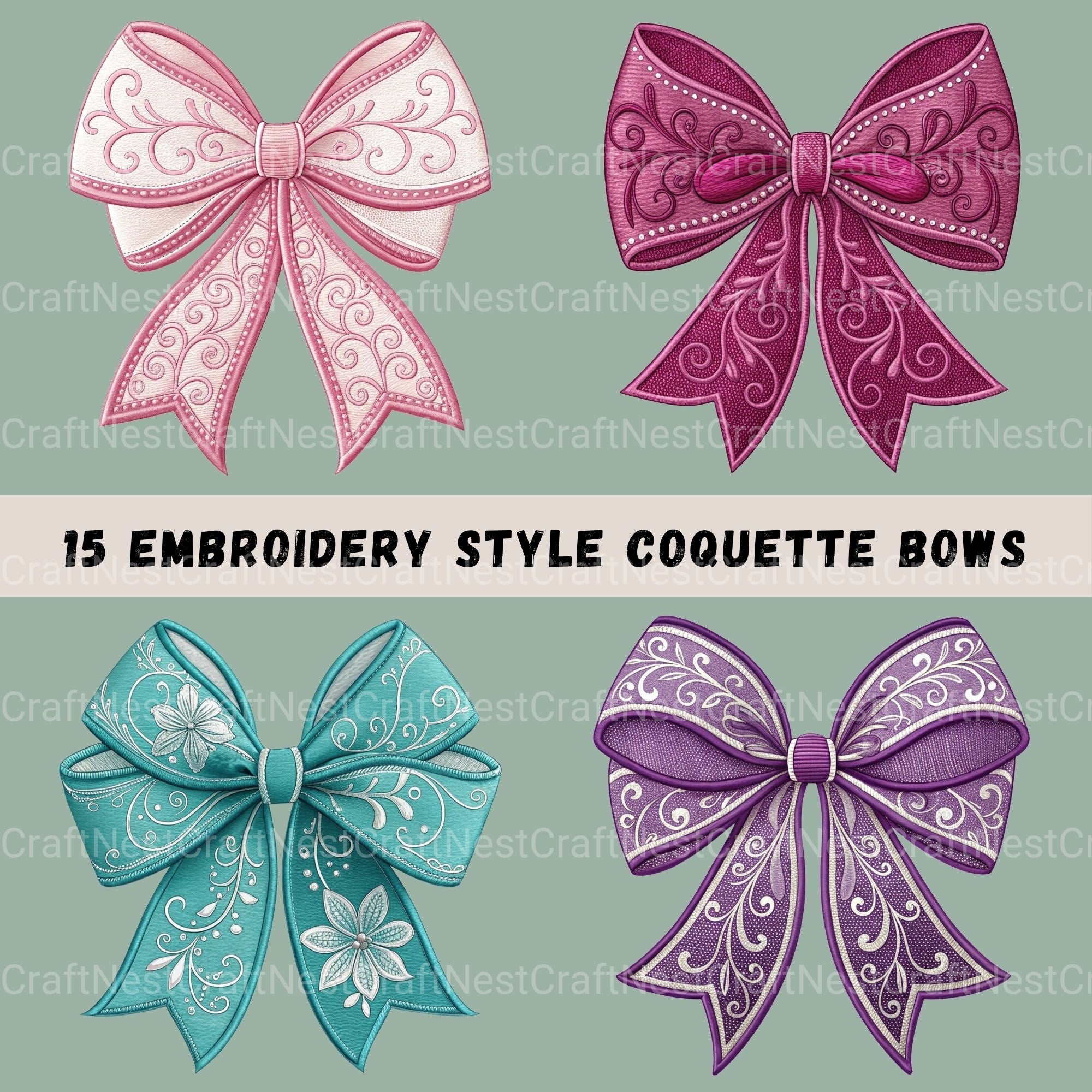 Embroidery Style Bows Clipart Bundle - CraftNest - Digital Crafting and Art