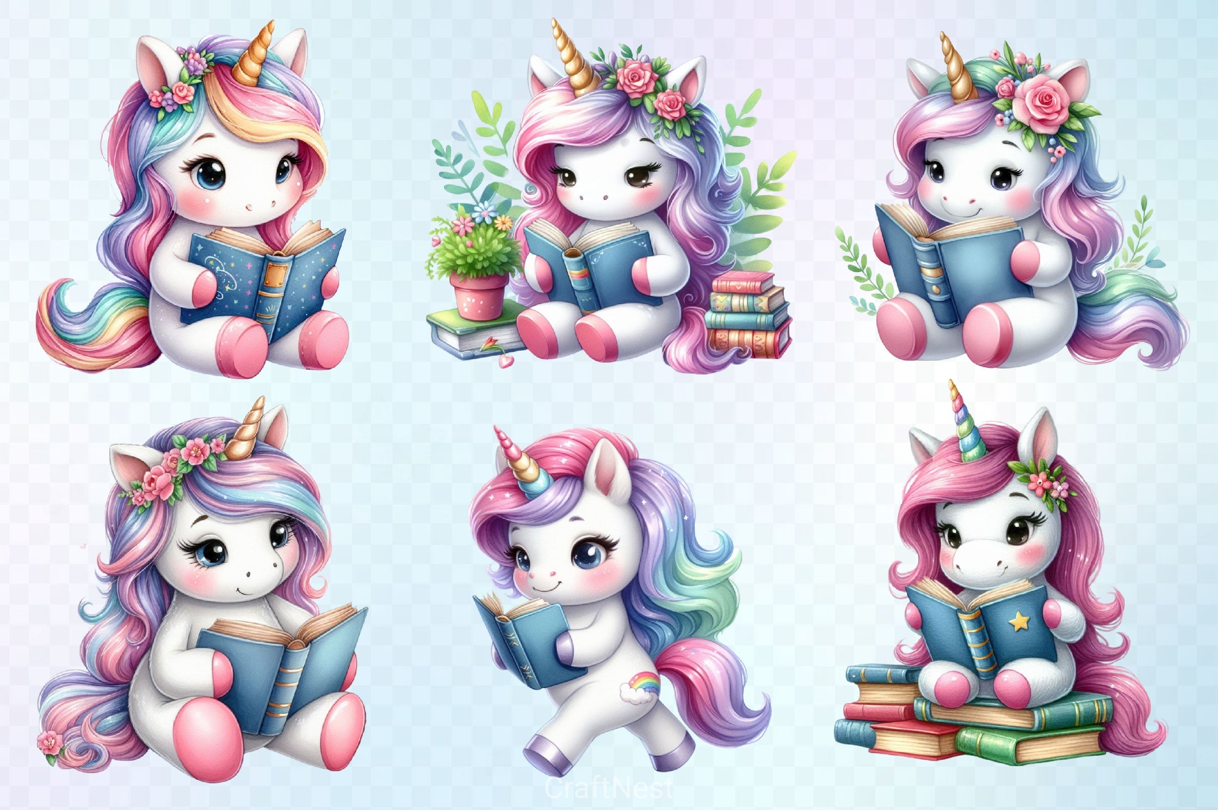 Cute Unicorn Reading A Book Clipart Bundle - CraftNest - Digital Crafting and Art