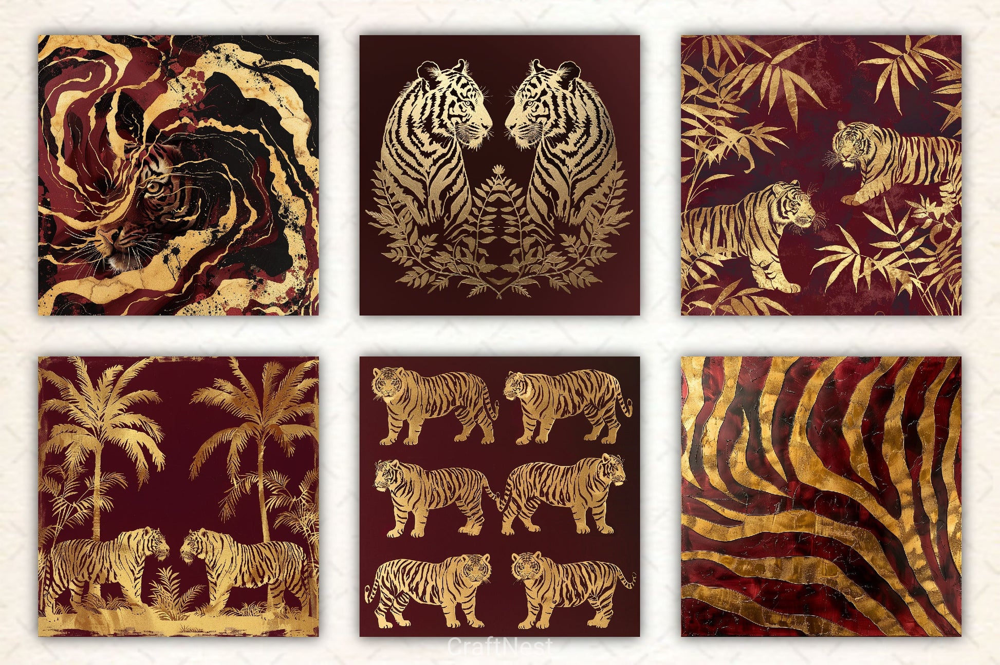 Burgundy And Gold Tiger Digital Paper - CraftNest - Digital Crafting and Art