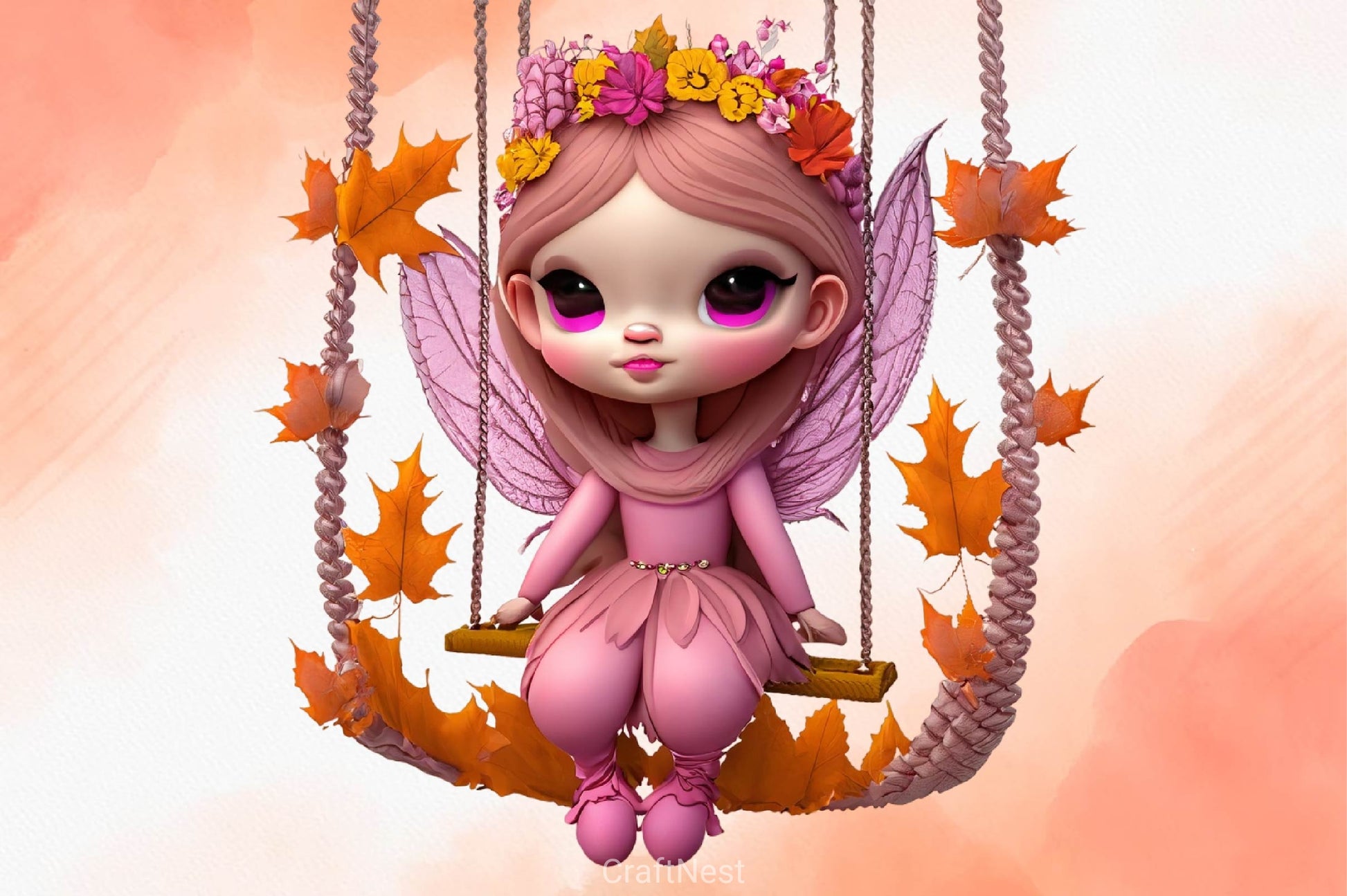 Pink Cute Autumn Fairy With Swing Clipart Bundle - CraftNest - Digital Crafting and Art
