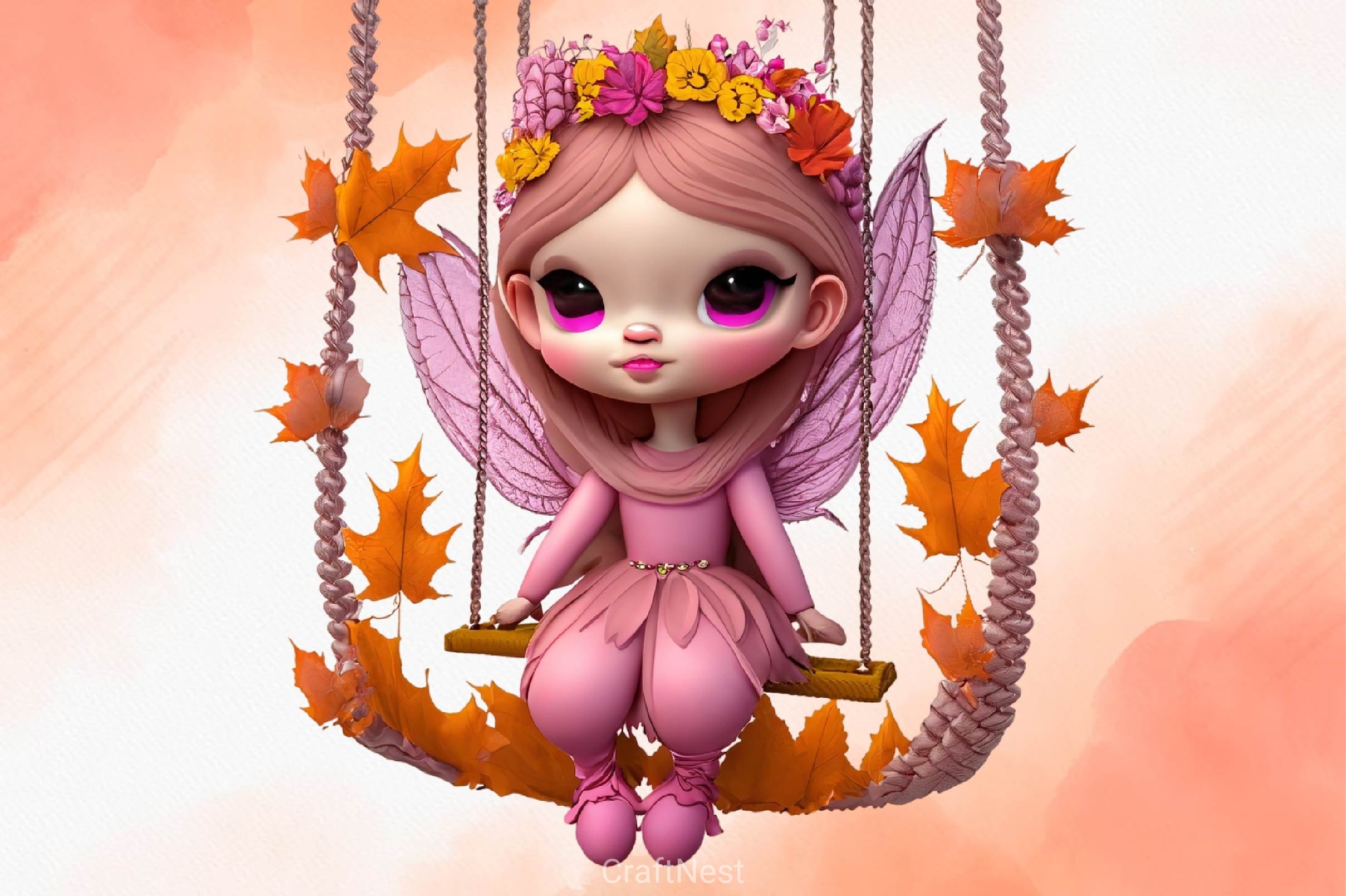 Pink Cute Autumn Fairy With Swing Clipart Bundle - CraftNest - Digital Crafting and Art