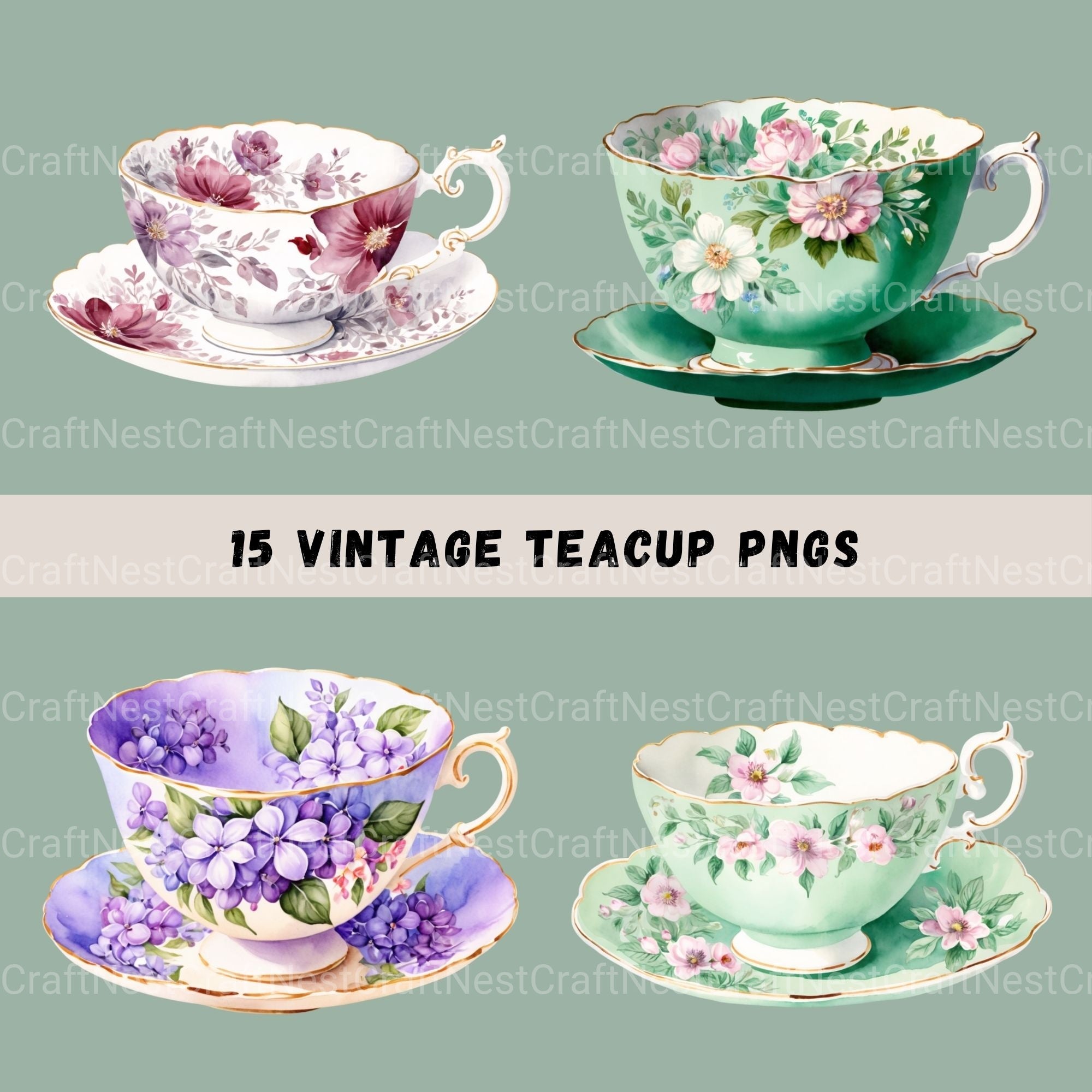 Teacups Vintage Clipart Bundle - CraftNest - Digital Crafting and Art