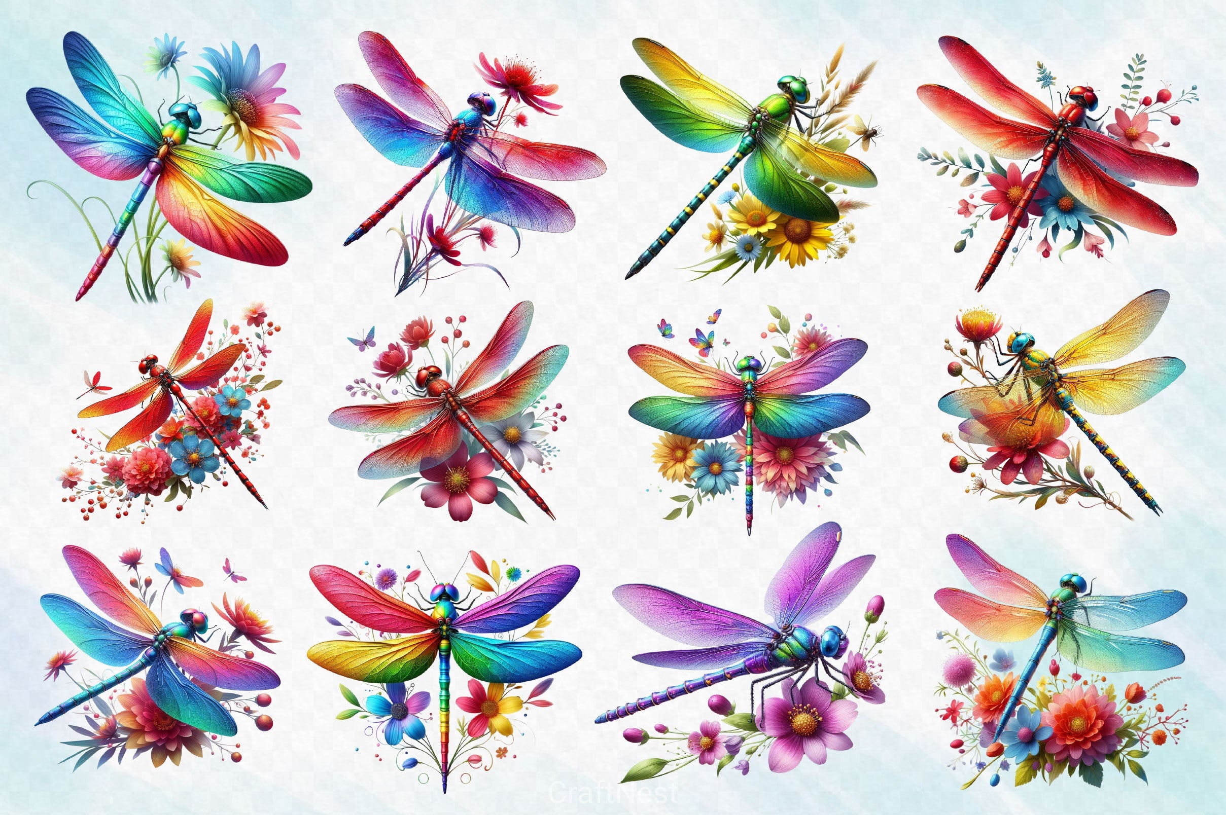 Colorful Dragonfly With Flower Clipart Bundle - CraftNest - Digital Crafting and Art
