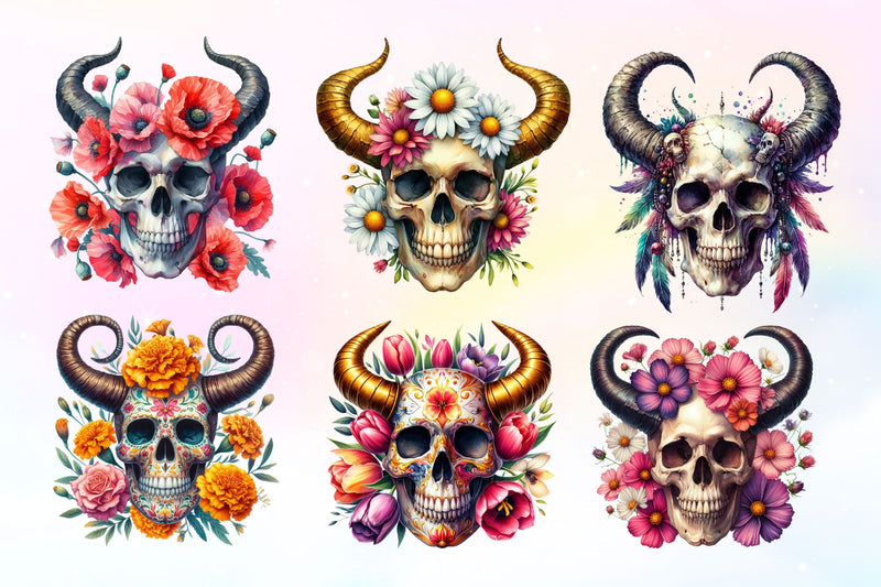 Floral Skull With Horns Clipart Bundle - CraftNest - Digital Crafting and Art