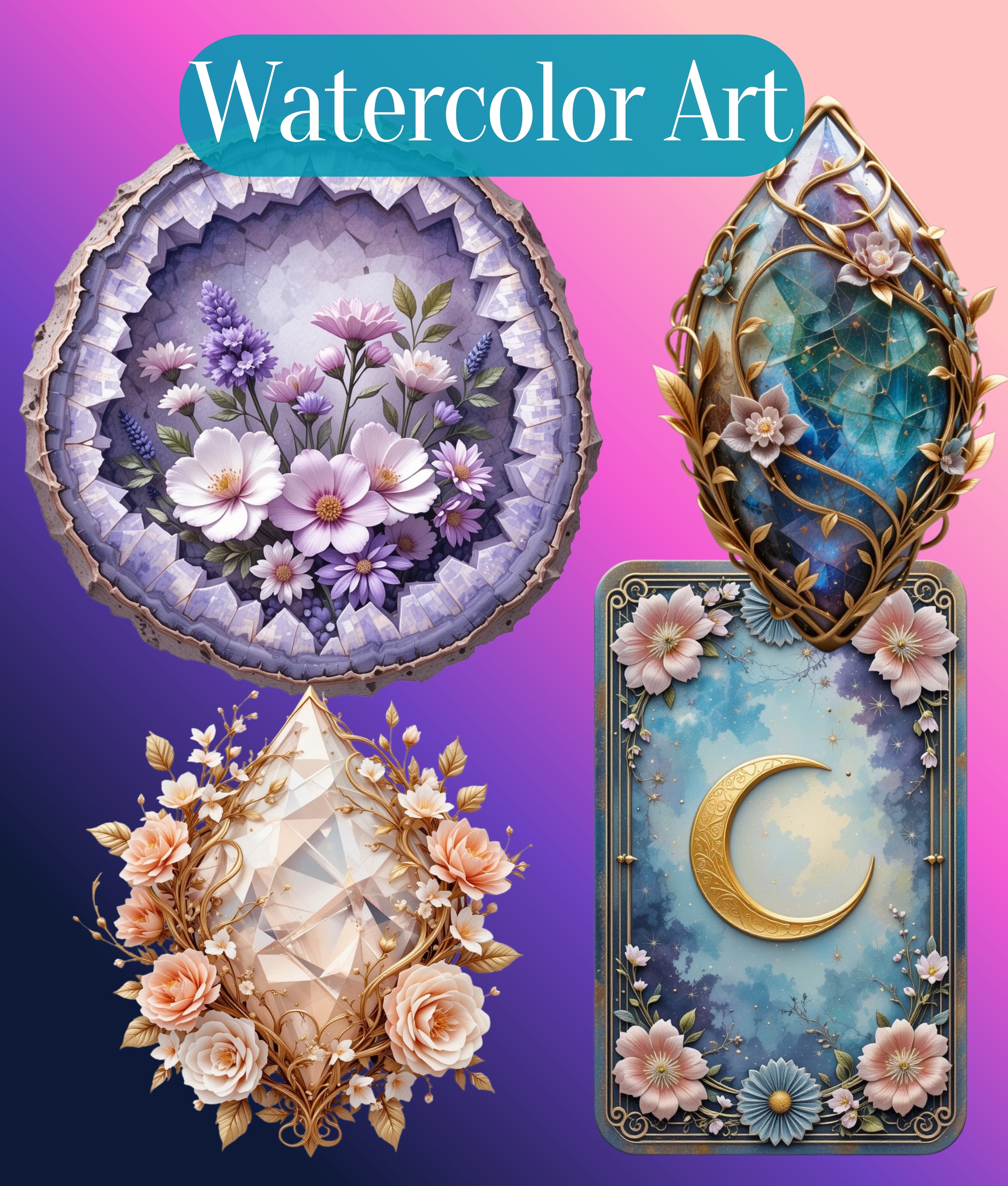 3D Ethereal Celestial Flowers Clipart Bundle